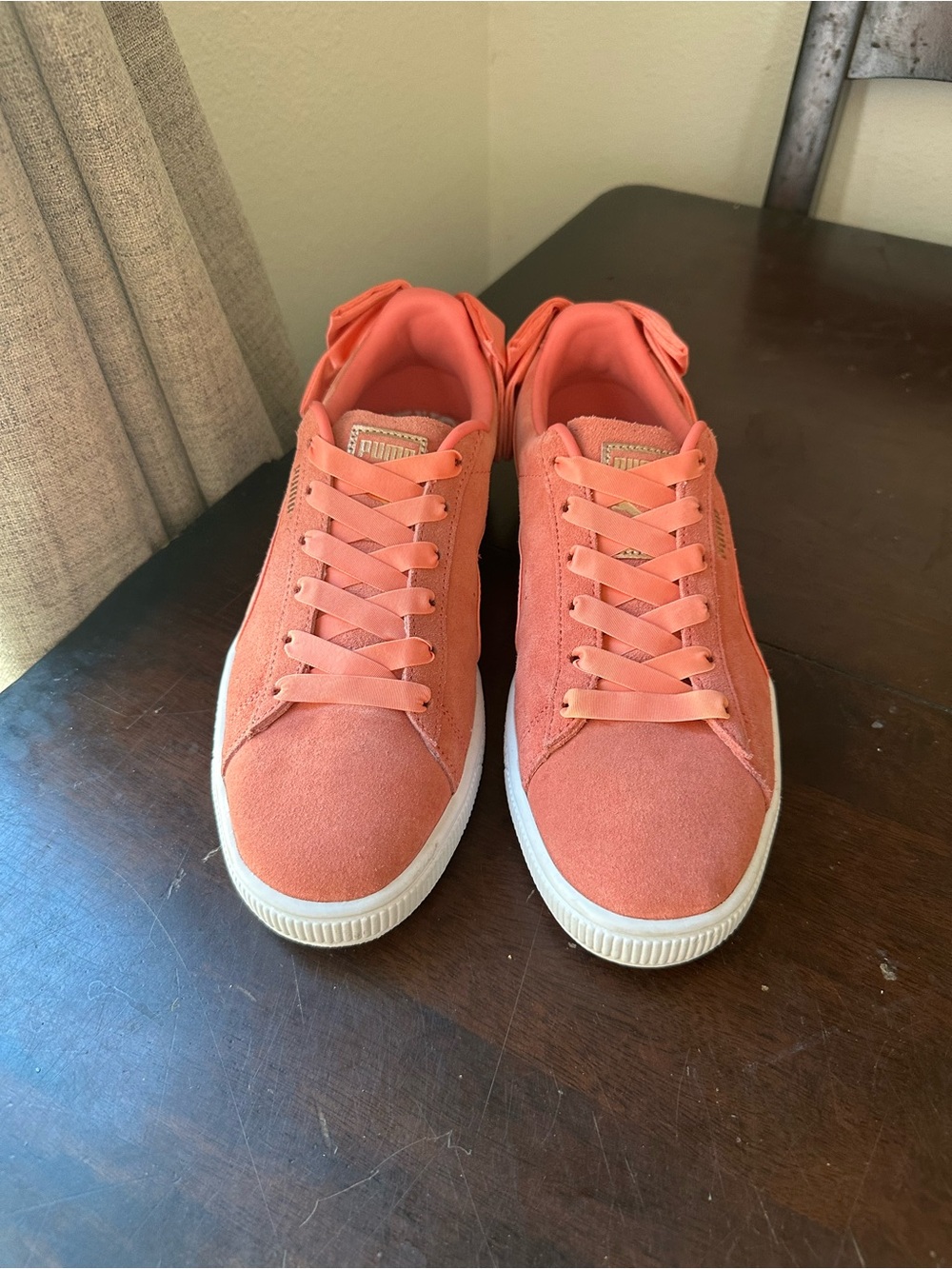 Puma Coral Suede Low Top Sneakers - Peach with Bow Detail Pull On Shoes
